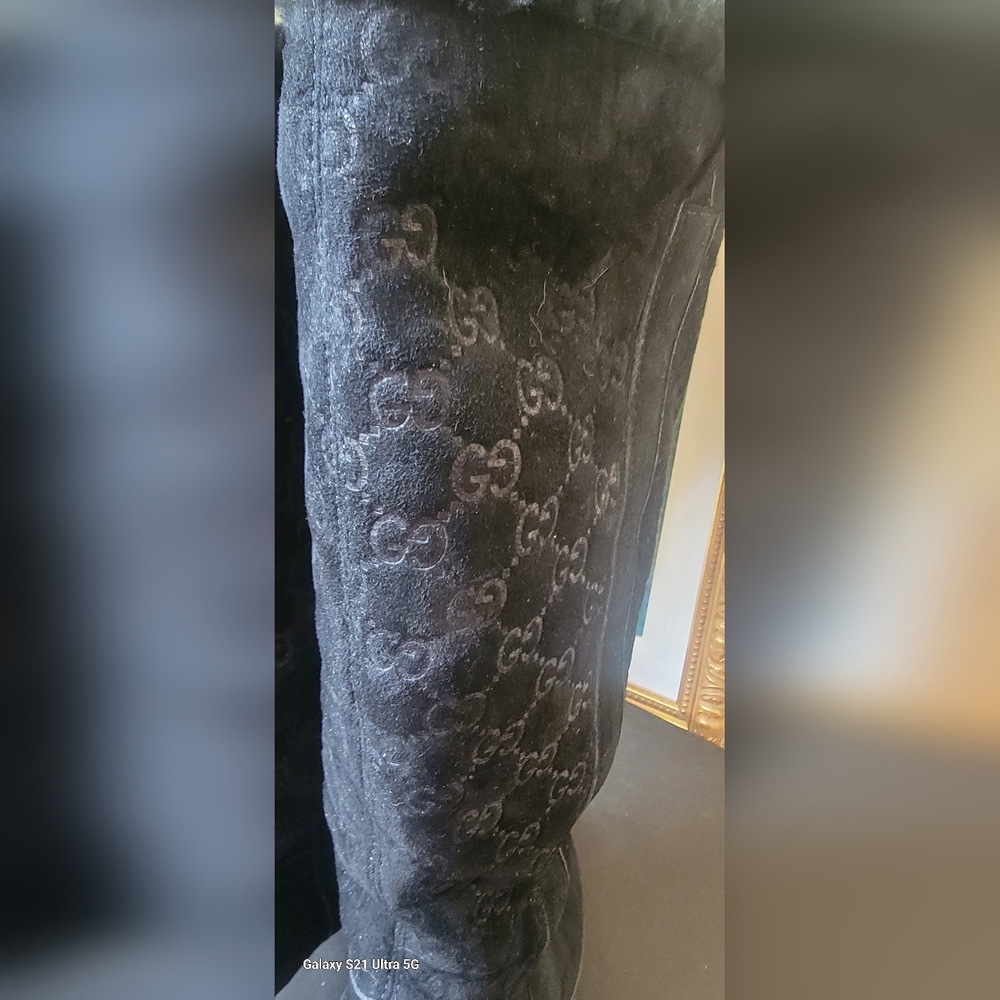 Gucci Suede Monogram Black Shearling Lined Tall High Heel Women's Boots 9.5 - Picture 6 of 11